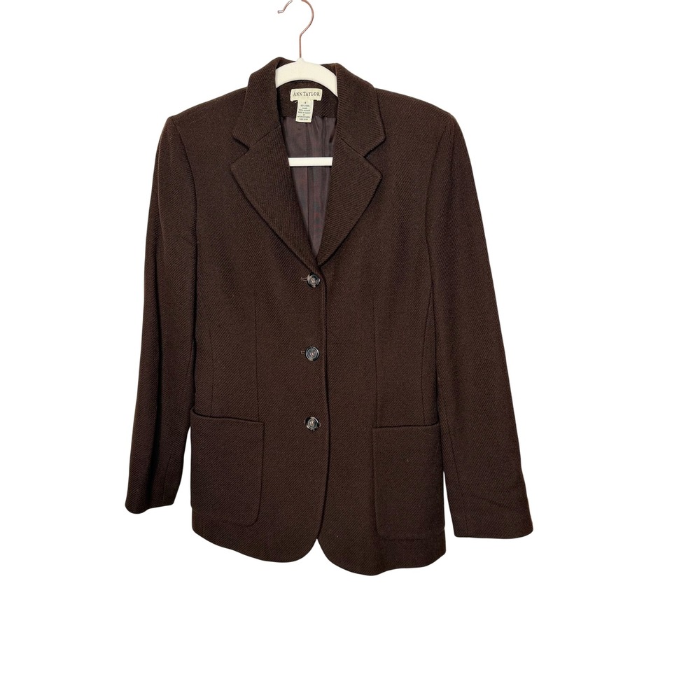 Ann Taylor Blazer Chocolate Dark Brown 100% Wool Classic Professional Size 4 - Picture 2 of 7